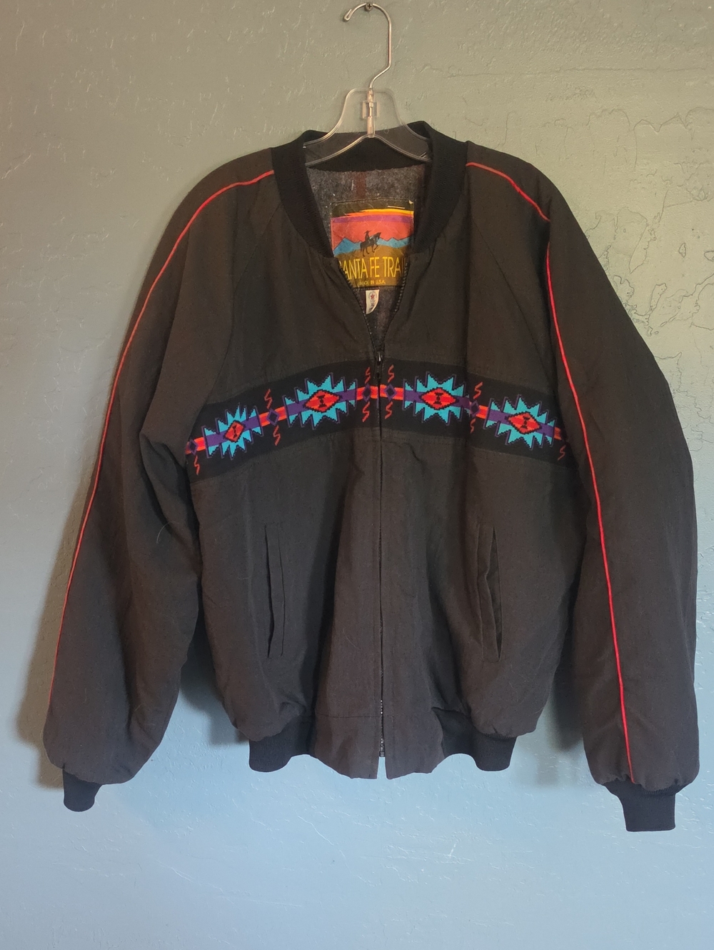 VTG Santa Fe Trail Black Bomber Jacket with Aztec Trim